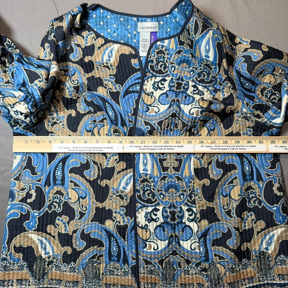 Catherines Petite Paisley Quilted Open Front Jacket Blue Tan 0XWP‎ 14/16WP